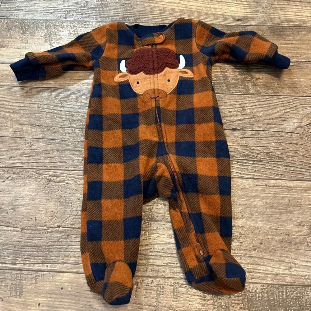 Carters Baby Boys 3M Fleece Footed Pajamas Buffalo Plaid Bison Blue Orange‎ 3 Mo